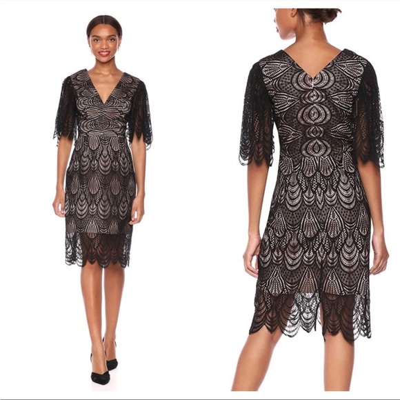 NWOT Dress The Population Mia Angel Sleeve Lace Sheath Midi Dress in Red - Picture 12 of 12